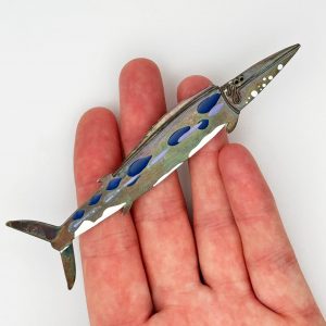 wahoo fish pin, oxidized sterling silver with blue and white enamel spots