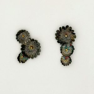 asymmetrical flower cluster earrings, oxidized sterling silver, gold