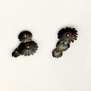 asymmetrical flower cluster earrings, oxidized sterling silver, gold