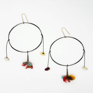 oxidized hoop earrings, gold ear wires, shells, feathers