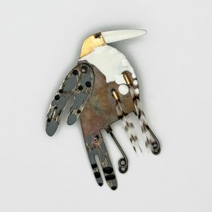 bird pin, feathers, white and black, gold beak