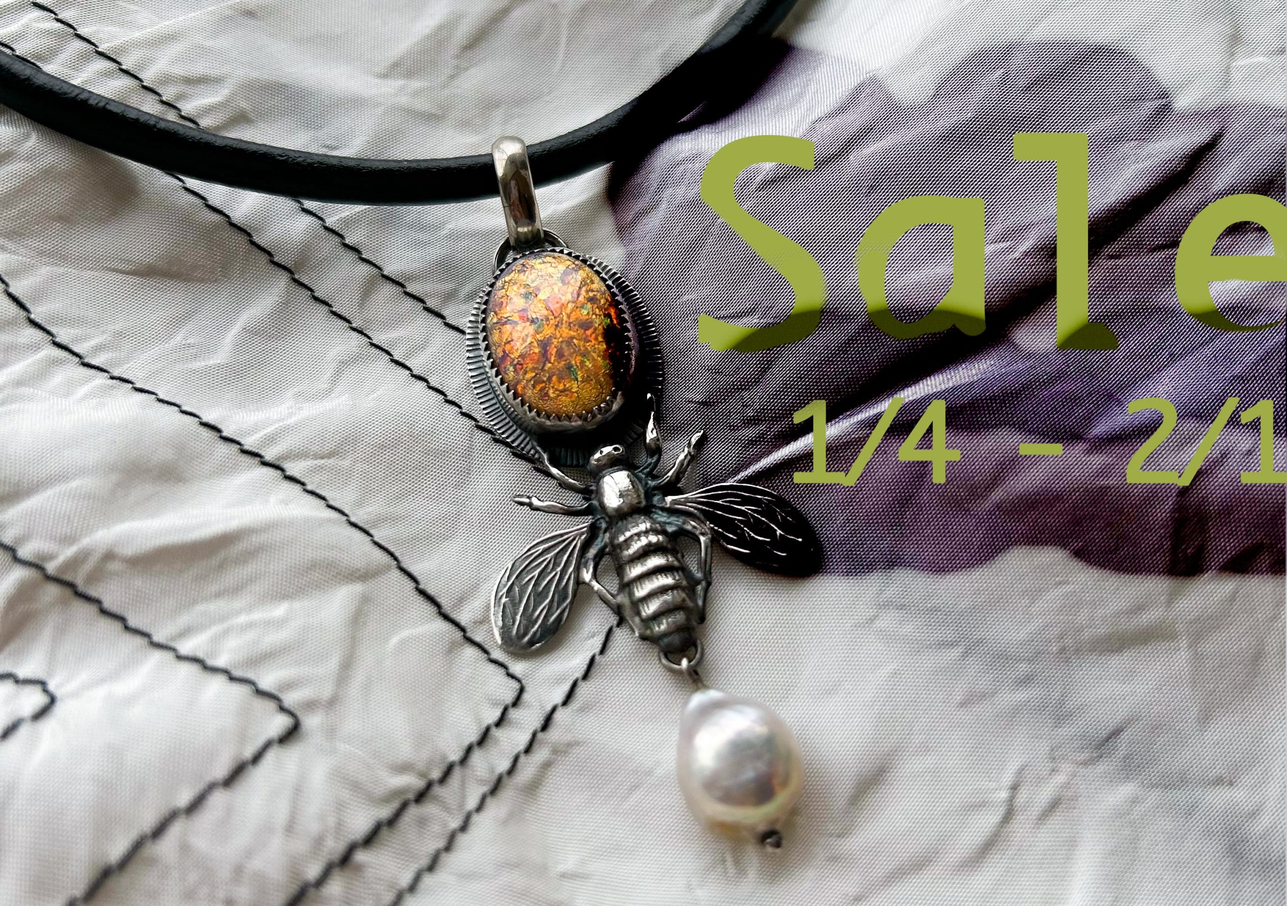 sale, january 4 to february 1, white blouse, necklace with silver bee, white pearl and orange opal pendant